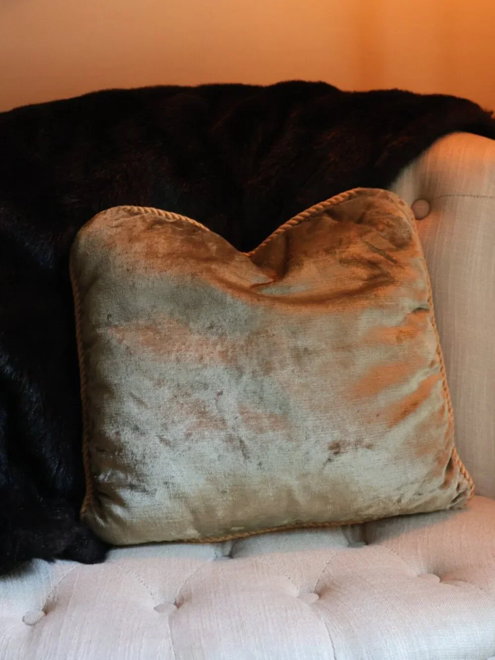 Vintage Olive Gold Velvet Accent Pillow with Twisted Cord Trim